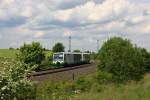 VT36 + VT47 bei Gutenfürst als Lt83192 am 20.05.2009. Die Zugleistung 83191 (Schülerzug Hof Hbf - Gutenfürst) und als Lt retour verkehrt nur Mo. - Fr. an Schultagen in Bayern, wobei der Lt die einzige Zugleistung der VBG von Gutenfürst nach Hof ist, die planmäßig auf dem Regelgleis fährt.