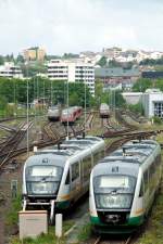 Blick vom Steg des Hofer Hbf in den Abstellbereich, 23.05.2010.