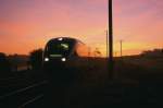 Ende der Nachtruhe für VT07 der VBG am 20.09.2003, hier auf Rangierfahrt aus der Awanst Schleiz, vor Fahrt als Lt82963 nach Schleiz West.