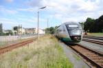 8.8.2010 16:37 VT 08 der Vogtlandbahn aus Zwickau (Sachsen) Hbf nach Cheb bei der Ausfahrt aus dem Bahnhof Oelsnitz (Vogtland).