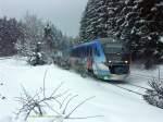 Am 27.01.2011 kommt der VT 06 mit der Vogtlandwerbung in winterlicher Landschaft bei Martinlamitz daher...