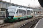 VT10 verlsst am 24.02.2012 den Zwickauer Hauptbahnhof mit Ziel Cheb ber Plauen(Vogtl.).