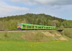 650 657 (VT 22) + 650 655 (VT 20) + 650 660 (VT 25) + 650 654 (VT 19) als WBA1 nach Bayerisch Eisenstein am 27.04.2014 bei Triefenried.