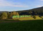 650 657 (VT 22) + 650 651 (VT 16) + 650 650 (VT 15) + 650 658 (VT 23) als WBA1 nach Bayerisch Eisenstein am 28.09.2014 bei Triefenried.