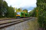 Rückblick auf eine zweiteilige Garnitur der Waldbahn unweit des Bahnhofes Regen.