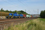 275 104-8 und 275 102-2 der evb Logistik in Doppeltraktion und einem Containerzug kommend aus Richtung Hamburg.