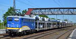 evb Logistik mit  140 774-1  (NVR-Nummer:  91 80 6 140 774-1 D-EVB ) und PKW-Transportzug am 
31.05.21 Durchfahrt Bf. Saarmund. 