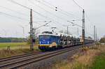 140 759 der evb schleppte im letzten Tageslicht des 27.10.24 einen BLG-Autozug durch Wittenberg-Labetz Richtung Dessau.