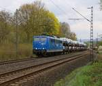 151 007-2 mit ARS-Autotransportwagen in Fahrtrichtung Süden. Aufgenommen in Wehretal-Reichensachsen am 19.04.2016.