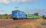 140 649 der EGP führte am 03.10.18 einen leeren Hödlmayr-Autozug durch Jeßnitz Richtung Bitterfeld.