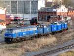 218 201-2 mit 212 054-1, 211 012-0 und der V60.04 ( 345 364-4 ) von der Eisenbahngesellschaft Potsdam EGP am 16.12.2019 vor dem BW Gera 