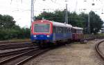 Kurz nach Ankunft des RE von Berlin fuhr in Warnemünde am 9.8.14 ein Sonderzug der EGP (Eisenbahngesellschaft Potsdam)ein.