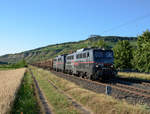 140 789 und 140 772 vom Erfurter Bahnservice mit einem Holzzug Richtung Würzburg.(Thüngersheim 8.7.2018).