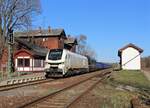 159 206 und 155 007 (EBS) fuhren am 30.03.21 einen leeren Holzzug nach Sonneberg.