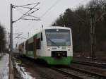 Der VT 012 der EIB am 21.02.2009 bei der Ausfahrt aus Erfurt Bischleben.