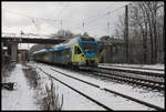 Die Eurobahn verlässt hier am 4.2.2018 um 10.29 Uhr als RB 66 den Bahnhof Natrup Hagen in Richtung Osnabrück.