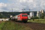 145 CL 012 der HGK mit einem Kesselwagenzug am 31.08.2010 bei Karlstadt im Maintal.