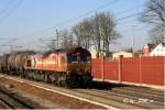 DE 670 der HGK durchfhrt mit einen Kesselwagenzug Rathenow in Richtung Wustermark am 3.3.2011