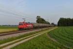 185 605 mit einem Kesselzug am 28.06.2012 unterwegs bei Langenisarhofen.