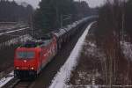 Auch die HGK passierte am 02.02.2014 die Genshagener Heide und befindet sich hier kurz vor Birkengrund mit ihrer Kessel-Eisenbahn.