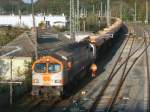 Von der Fussgngerbrcke in Bergen/Rgen konnte man,am 22.Oktober 2011,beobachten wie hvle V330.2 die leeren Kieswagen zusammen stellte.