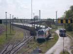 Da keine Rangierlok auf dem Bahnhof Bergen/Rügen sich,am 07.Mai 2014,befand mußte die hvle Maxima V490.3 selber rangieren.