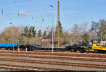 VDE 8 Komplexmaßnahme Halle Rosengarten–Angersdorf  ▶ Standort: Bahnhof Halle-Nietleben    Im abgestellten Bauzug befindet sich ein Tiefladewagen der Gattung  Uaikks  (80 80 992 4