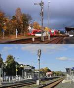 Der Bahnhof Erndtebrück im Herbst 2004 und am 11.10.2022: Auf dem oberen Bild präsentiert sich der Bahnhof noch mit Formsignalen und zwei 640 der DB, darunter der heutige Zustand. Nach der Modernisierung sind die Bahnsteige barrierefrei erreichbar und auch ein Park-and-Ride-Platz wurde angelegt. Als Eisenbahnfreund mag man die eine oder andere Änderung bedauern, die Reisenden profitieren aber zweifellos vom Umbau, und um die geht ja letztendlich.