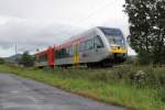 Der immer noch fr die Cantus Bahn auf der Linie R7/R1 verkehrende HLB GTW kurz vor der Nordeinfahrt nach Eschwege. Aufgenommen am 05.08.2011.