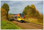 Der 5-teilige Stadler Flirt 429 046 / 546 der HLB Bahn (Hessischen Landesbahn)  als RE99 / RE 40 Siegen - Gieen - Frankfurt Hbf (Umlauf HLB24967), hier am 22.10.2013 kurz vor Haiger auf der