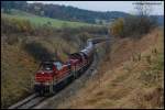 V 124 & V 152 der HzL befrdern am 30.10.07 einen Salzzug nach Gammertingen, hier bei Burladingen aufgenommen.