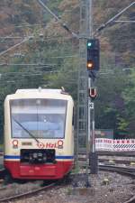 RADOLFZELL am Bodensee (Landkreis Konstanz), 03.10.2014, Regionalbahn der Hohenzollerschen Landesbahn AG (auch Seehäsle genannt) nach Stockach bei der Ausfahrt aus dem Bahnhof Radolfzell