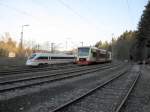 VT 247,VT 250 der HzL und ein BR 411 im Bahnhofsvorfeld Rottweil am 6.4.07