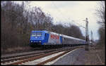 Als der HSV noch in der Bundesliga spielte! Am 3.4.2004 kam die Hoyer Lok 185CL005 mit einem HSV Sonderzug in Richtung Ruhrgebiet durch den Bahnhof Natrup Hagen.