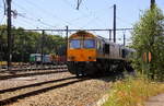 Die Class 66 653-07 beide von HSL steht auf dem Abgstellgleis in Montzen-Gare(B).