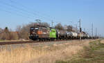 151 138 der HSL schleppte am 23.03.19 einen Kesselwagenzug durch Braschwitz Richtung Halle(S).