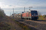 187 536 der HSL schleppte am 27.11.22 einen Toyota-Autozug durch Brehna Richtung Bitterfeld.