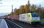 ITL - Eisenbahngesellschaft mbH, Dresden [D] mit  185 650-9  [NVR-Nummer: 91 80 6185 650-9 D-ITL] und einem Containerzug am 09.11.22 Berliner Außenring Höhe Mönchmühle Nähe