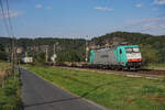 ITL/Captrain 186 131 fur am 07.09.2024 mit einem Containerzug (ziemlich ungünstig beladen) durch Rathen in Richtung Tschechien.