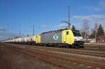 Die, von der ITL angemietete, Dispolok 189 203-3 durchfhrt am Morgen des 15.03.2010 mit einem Kesselwagenzug der Rail Polska den Bahnhof Leipzig-Wiederitzsch.