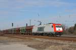 185 649-1 fhrt mit einem Ganzzug Schttgutwagen durch Coswig in Richtung Dresden. Fotografiert am 12.02.2011. 