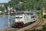 Mit Diesel unterm Fahrdraht. ITL 285 105 bringt einen Autozug in Richtung Dresden. Knigstein/Sachsen, 25.05.11.