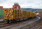 Drehgestell-Flachwagen mit vier Radsätzen und Niederbindeeinrichtung, 81 80 4723 154-8 D-TWA, der Gattung Snps, der TRANSWAGGON GmbH, beladen mit Fichten-Rundholz abgestellt am 30.12.2020 in