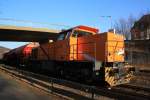 Die Kreisbahn Siegen-Wittgenstein (KSW) mit der northrail - Mietlok eine MaK G 1206 am 03.03.2011 in Herdorf.