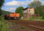 Die Kreisbahn Siegen-Wittgenstein (KSW) mit der northrail - Mietlok eine MaK G 1206 am 17.05.2011 kurz vorm Stellwerk Herdorf Ost (Ho).