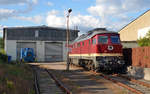 Zusammen mit der Werklok der LEG, der V22.01, wartete 132 109 am 10.09.17 am LEG-Standort Delitzsch auf neue Aufgaben. Fotografiert durch´s Tor.