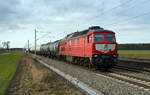 232 673 der LEG schleppte am 20.02.19 einen Kesselwagenzug durch Rodleben Richtung Roßlau.