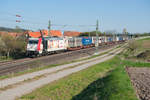 185 664 von Lokomotion mit einem KLV-Zug bei Lehrberg Richtung Würzburg, 18.04.2019