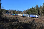 Am 06. März 2021 brachten die 186 441 und 285 den DGS 43129 von München Ost Rbf über den Brenner zum Zielbahnhof Verona Q.E.. Bei Lorenzenberg konnte ich den gut ausgelasteten KLV-Zug aufnehmen.