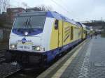 246 001 (Werbung fr Traxx-Dieselloks) am 26.02.2008 mit ME 39420  Cuxhaven-Hamburg Hbf in Harburg